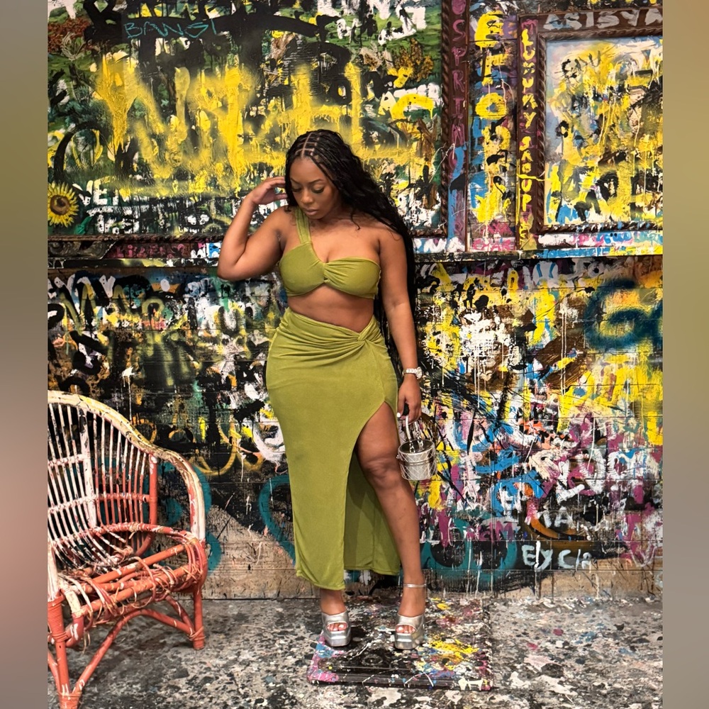 Green One-Shoulder Crop Top and Skirt Set
